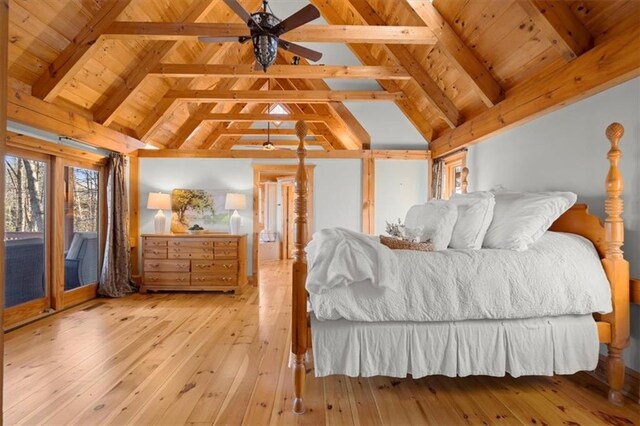 bedroom with ceiling fan, access to exterior, high vaulted ceiling, wooden ceiling, and beam ceiling