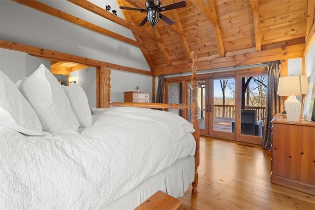 bedroom with wooden ceiling, access to exterior, light wood-type flooring, high vaulted ceiling, and beam ceiling