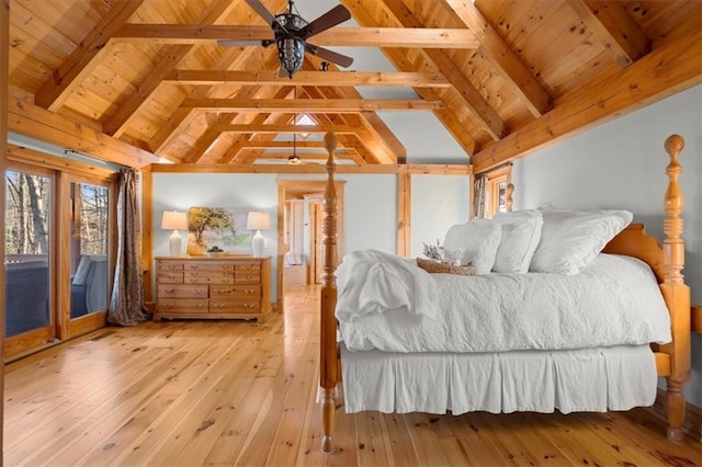 bedroom featuring light wood-type flooring, wood ceiling, and vaulted ceiling with beams