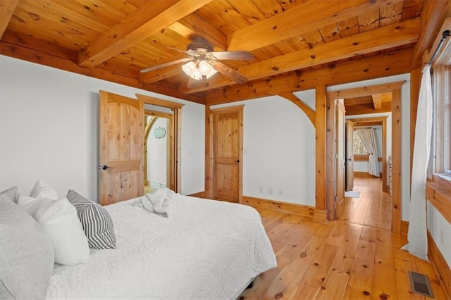 bedroom featuring ceiling fan, wood ceiling, beam ceiling, and light hardwood / wood-style flooring