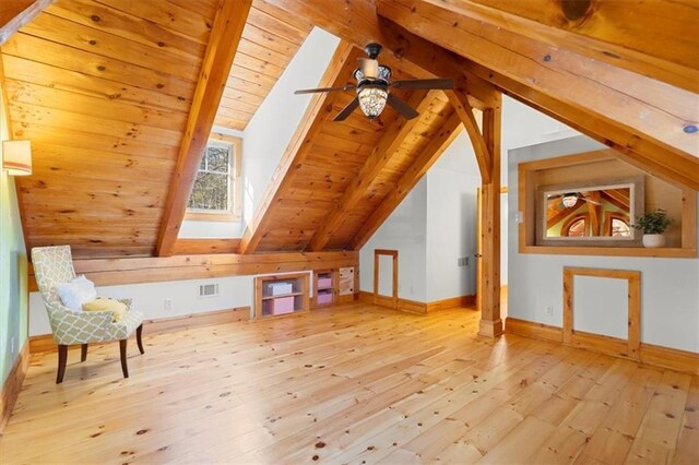 bonus room with light hardwood / wood-style floors, wooden ceiling, lofted ceiling with skylight, and ceiling fan