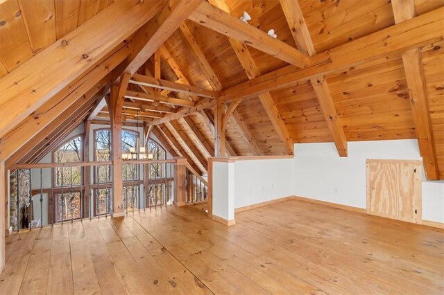 additional living space featuring light hardwood / wood-style floors, wooden ceiling, and lofted ceiling with beams