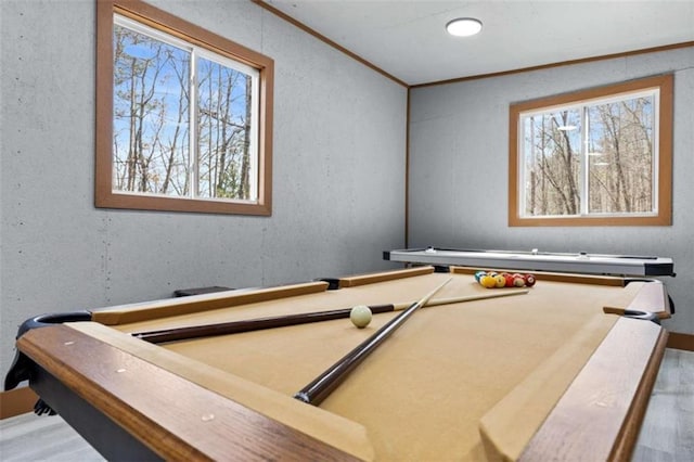 recreation room with crown molding, healthy amount of natural light, a textured wall, and wood finished floors