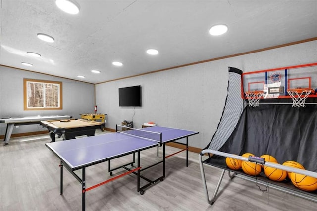 game room with wood finished floors, recessed lighting, ornamental molding, baseboards, and billiards