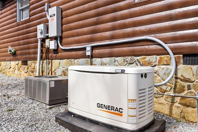 exterior view of a power unit, central air condition unit, and log veneer siding