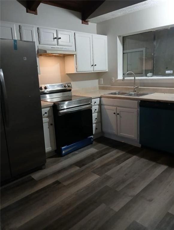 kitchen featuring white cabinetry, black dishwasher, fridge, electric range, and beamed ceiling