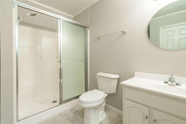 bathroom featuring a shower with door, vanity, toilet, ornamental molding, and tile patterned floors