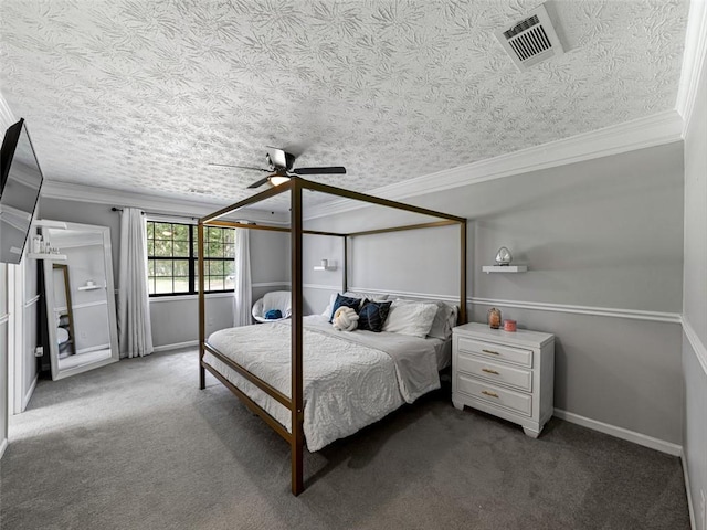 30 Court S, Ellenwood, GA 30294 - carpeted bedroom with ornamental molding, a textured ceiling, and a ceiling fan