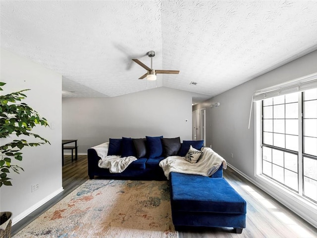 30 Court S, Ellenwood, GA 30294 - living room with wood finished floors, vaulted ceiling, a ceiling fan, and a textured ceiling