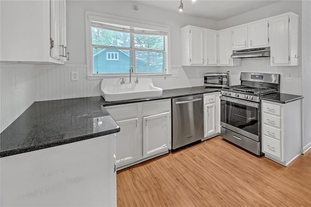 4440 Coventry Ct NE, Roswell, GA 30075 - kitchen with stainless steel appliances, under cabinet range hood, a sink, white cabinets, and light wood-style floors