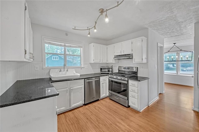 4440 Coventry Ct NE, Roswell, GA 30075 - kitchen featuring stainless steel appliances, a sink, under cabinet range hood, white cabinets, and light wood finished floors