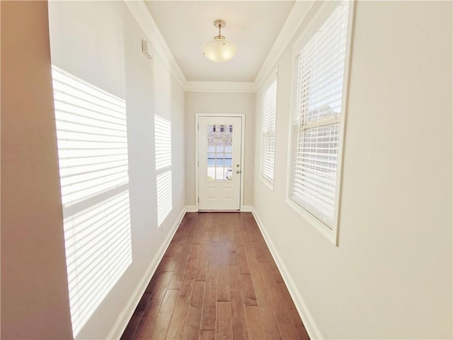 doorway to outside featuring dark wood-type flooring and ornamental molding