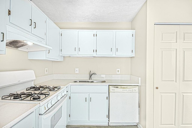 kitchen with white cabinetry, sink, white appliances, and a textured ceiling