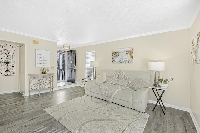 living room featuring hardwood / wood-style flooring, crown molding, and a textured ceiling