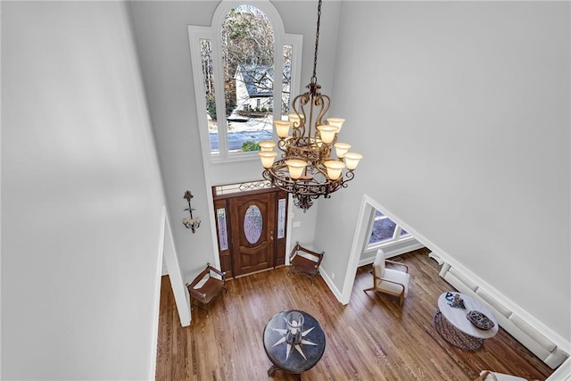 entrance foyer featuring hardwood / wood-style flooring, a chandelier, and a towering ceiling