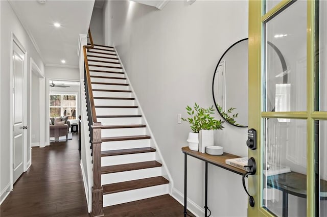 stairs featuring recessed lighting, baseboards, wood finished floors, and crown molding