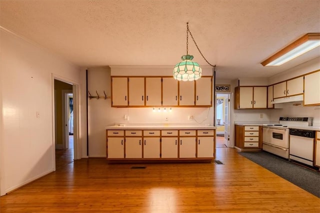 kitchen with pendant lighting, white appliances, a textured ceiling, and light wood-type flooring