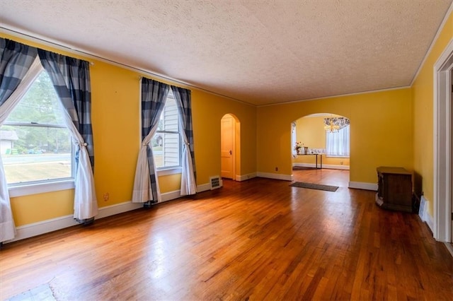 empty room featuring a textured ceiling, wood-type flooring, and a healthy amount of sunlight