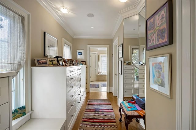 92 Old Ivy Rd NE Unit 6, Atlanta, GA 30342 - hall featuring wood finished floors, crown molding, and recessed lighting