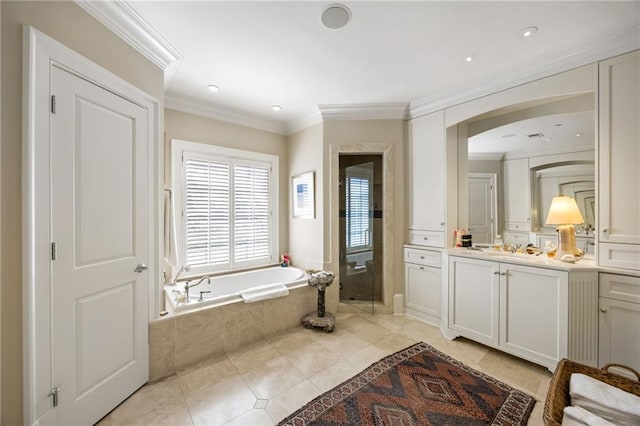 92 Old Ivy Rd NE Unit 6, Atlanta, GA 30342 - bathroom with a bath, vanity, a stall shower, tile patterned flooring, and crown molding