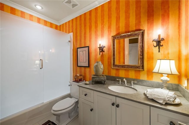 92 Old Ivy Rd NE Unit 6, Atlanta, GA 30342 - bathroom featuring vanity, ornamental molding, wallpapered walls, and shower / bathtub combination