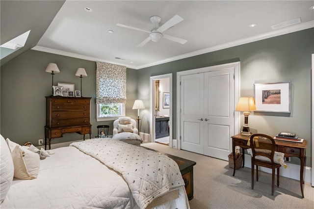 92 Old Ivy Rd NE Unit 6, Atlanta, GA 30342 - bedroom with ornamental molding, light carpet, a closet, ensuite bath, and recessed lighting