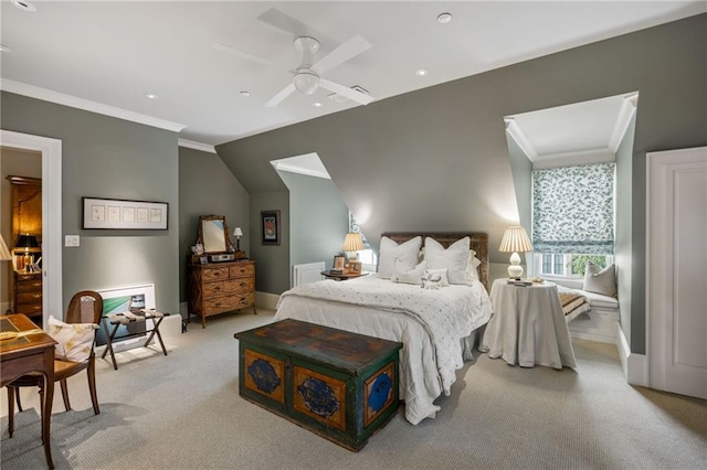 92 Old Ivy Rd NE Unit 6, Atlanta, GA 30342 - bedroom featuring light colored carpet, crown molding, recessed lighting, a ceiling fan, and lofted ceiling