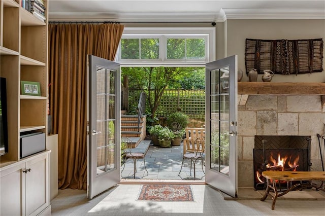 92 Old Ivy Rd NE Unit 6, Atlanta, GA 30342 - doorway with crown molding, french doors, and a fireplace