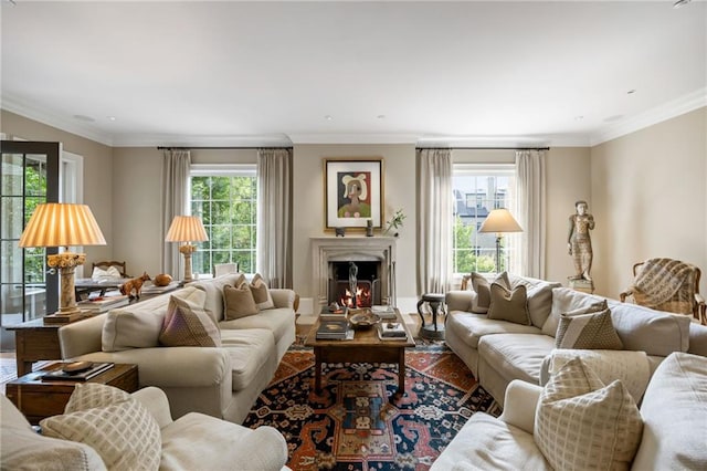 92 Old Ivy Rd NE Unit 6, Atlanta, GA 30342 - living area featuring a warm lit fireplace and crown molding