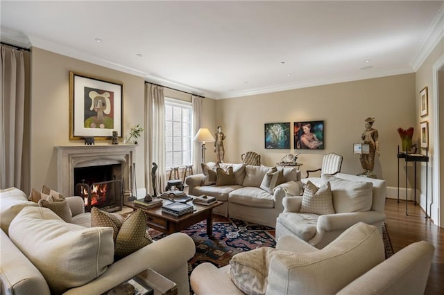 92 Old Ivy Rd NE Unit 6, Atlanta, GA 30342 - living area featuring wood finished floors, a lit fireplace, and ornamental molding