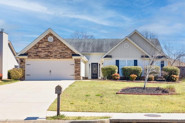 craftsman inspired home with a garage, stone siding, a front lawn, and concrete driveway