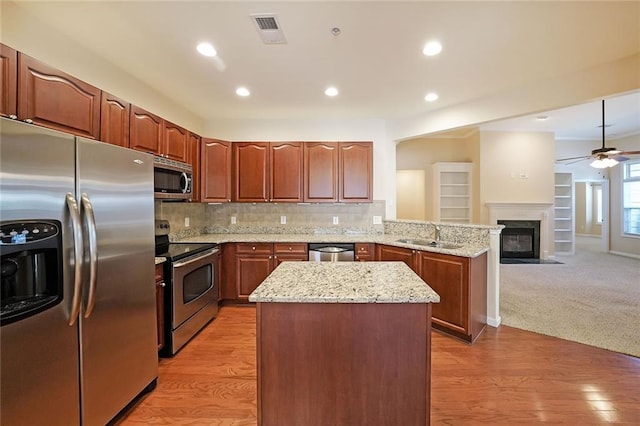 223 Glens Loop, Woodstock, GA 30188 - kitchen featuring stainless steel appliances, a sink, a peninsula, light stone counters, and a fireplace with flush hearth