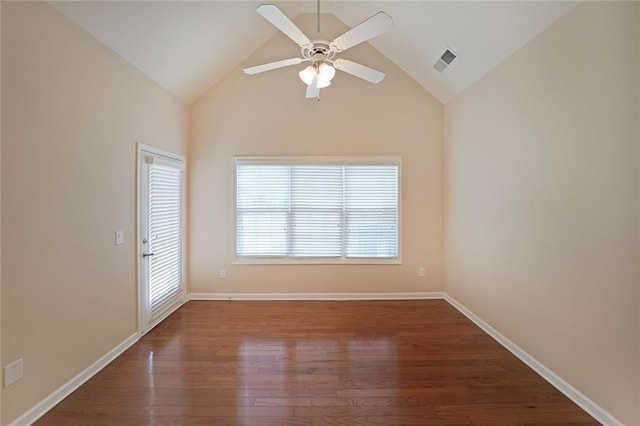 223 Glens Loop, Woodstock, GA 30188 - empty room with ceiling fan, wood finished floors, vaulted ceiling, and baseboards