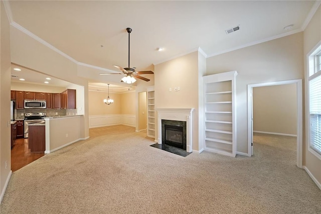 223 Glens Loop, Woodstock, GA 30188 - unfurnished living room featuring carpet, crown molding, a premium fireplace, ceiling fan, and baseboards