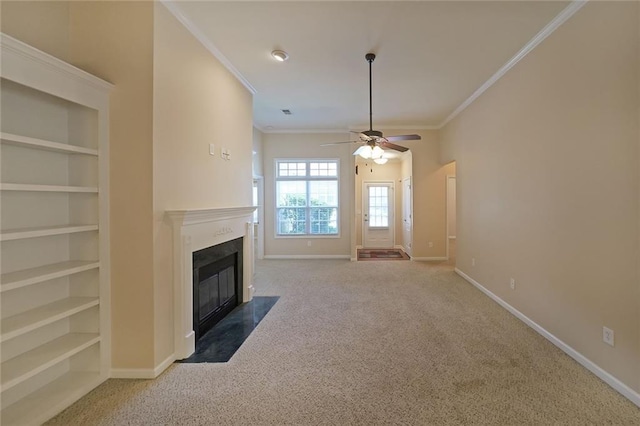 223 Glens Loop, Woodstock, GA 30188 - unfurnished living room featuring carpet floors, a fireplace, baseboards, crown molding, and a ceiling fan