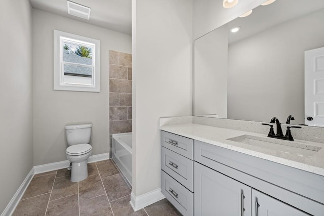 full bathroom with toilet, tile patterned floors, vanity, and shower / bathing tub combination