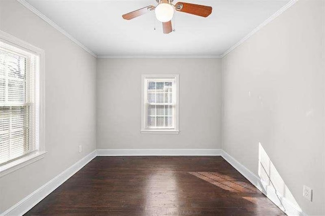 unfurnished room with ceiling fan, dark hardwood / wood-style floors, and ornamental molding