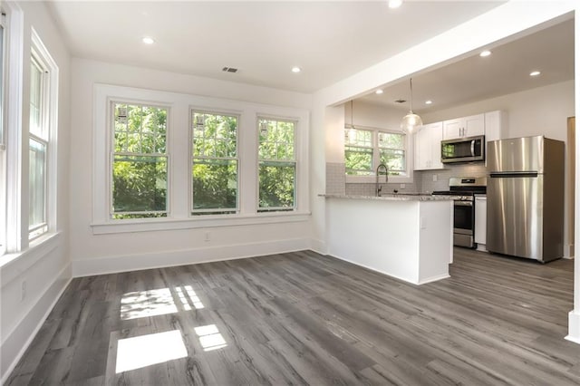 kitchen with tasteful backsplash, kitchen peninsula, stainless steel appliances, white cabinets, and dark hardwood / wood-style floors