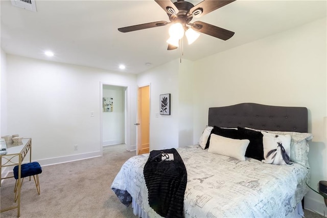 carpeted bedroom with visible vents, recessed lighting, a ceiling fan, and baseboards