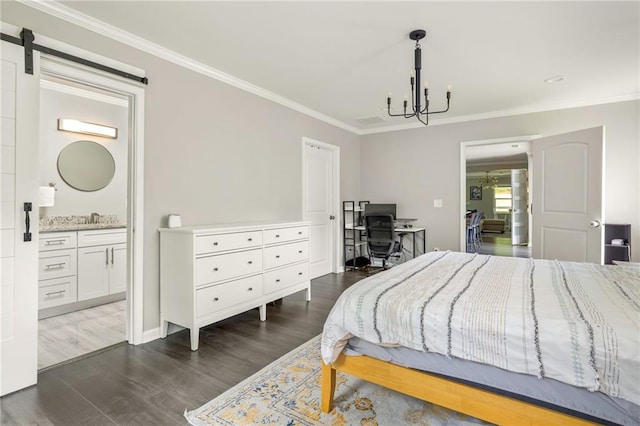 bedroom with crown molding, dark wood-type flooring, a sink, and a notable chandelier