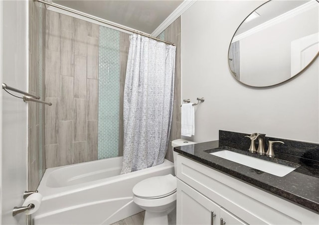bathroom featuring vanity, shower / tub combo, and toilet