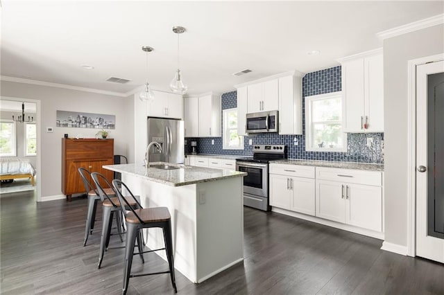 kitchen with appliances with stainless steel finishes, dark wood-type flooring, and visible vents