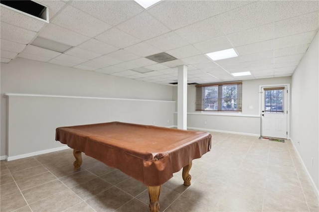 game room featuring a paneled ceiling and pool table