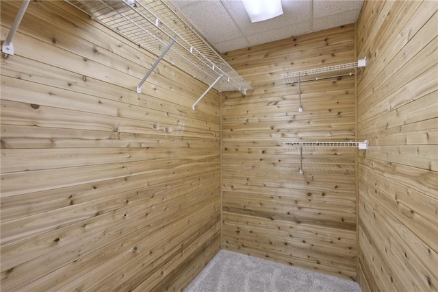 full bathroom featuring washtub / shower combination, tile patterned floors, toilet, a paneled ceiling, and vanity