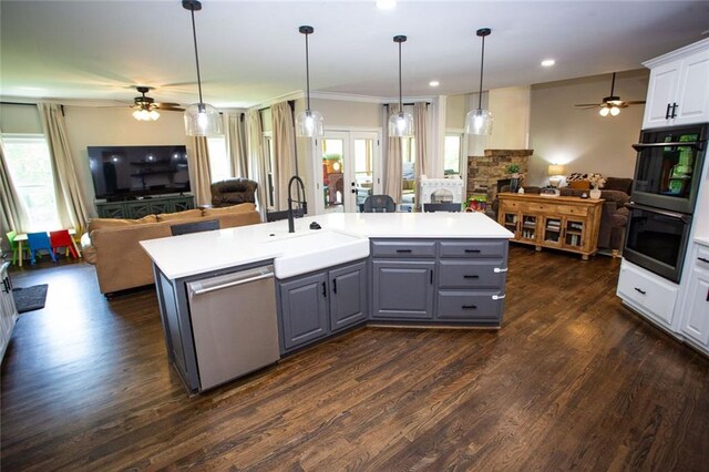 200 Carney Ct, Ball Ground, GA 30107 - kitchen featuring open floor plan, gray cabinets, ceiling fan, and dishwasher