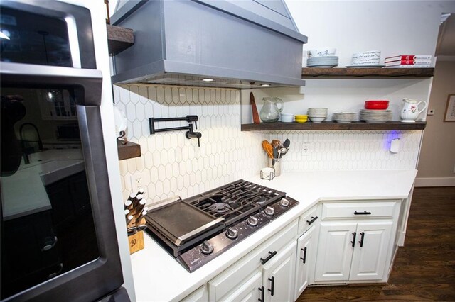 200 Carney Ct, Ball Ground, GA 30107 - kitchen with white cabinets, open shelves, black gas stovetop, tasteful backsplash, and custom exhaust hood