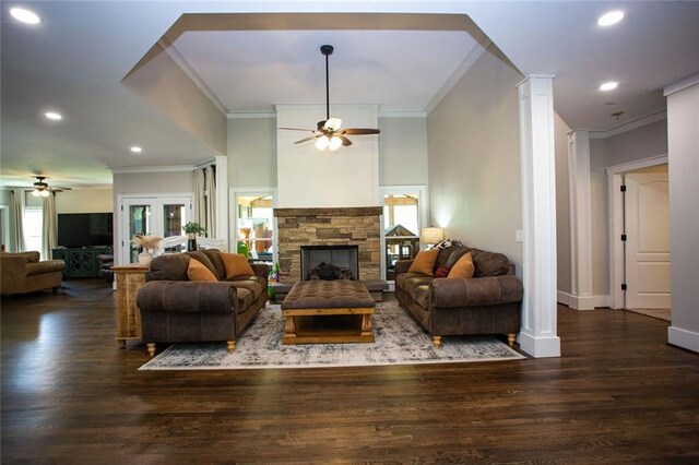 200 Carney Ct, Ball Ground, GA 30107 - living room with ceiling fan, decorative columns, and ornamental molding