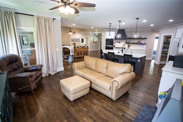 200 Carney Ct, Ball Ground, GA 30107 - living room featuring recessed lighting, baseboards, ceiling fan, and dark wood finished floors
