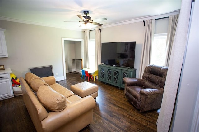 200 Carney Ct, Ball Ground, GA 30107 - living room featuring crown molding, dark wood-style flooring, ceiling fan, and baseboards