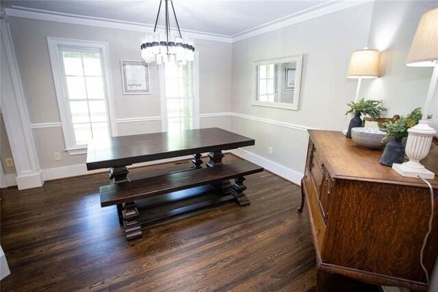 200 Carney Ct, Ball Ground, GA 30107 - dining room with crown molding, baseboards, wood finished floors, and a notable chandelier